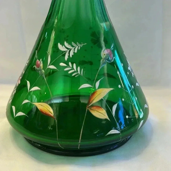 Victorian Glass Bohemian Green Floral Decanter Hand Painted - Picture 3 of 6